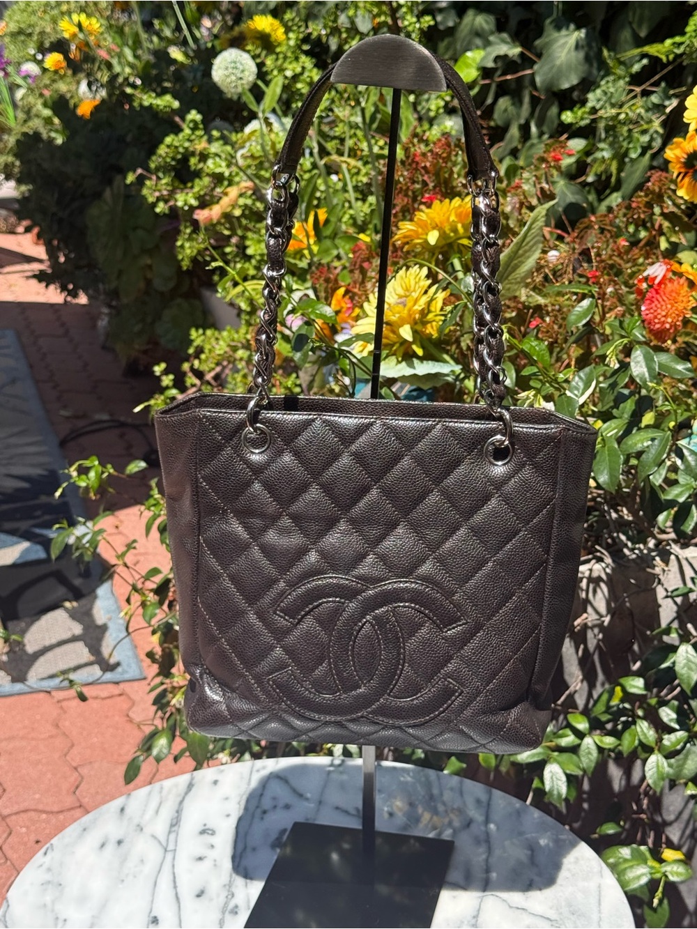 Chanel Vintage Espresso Brown Caviar Leather Quilted Petite Shopping Tote W/ CC